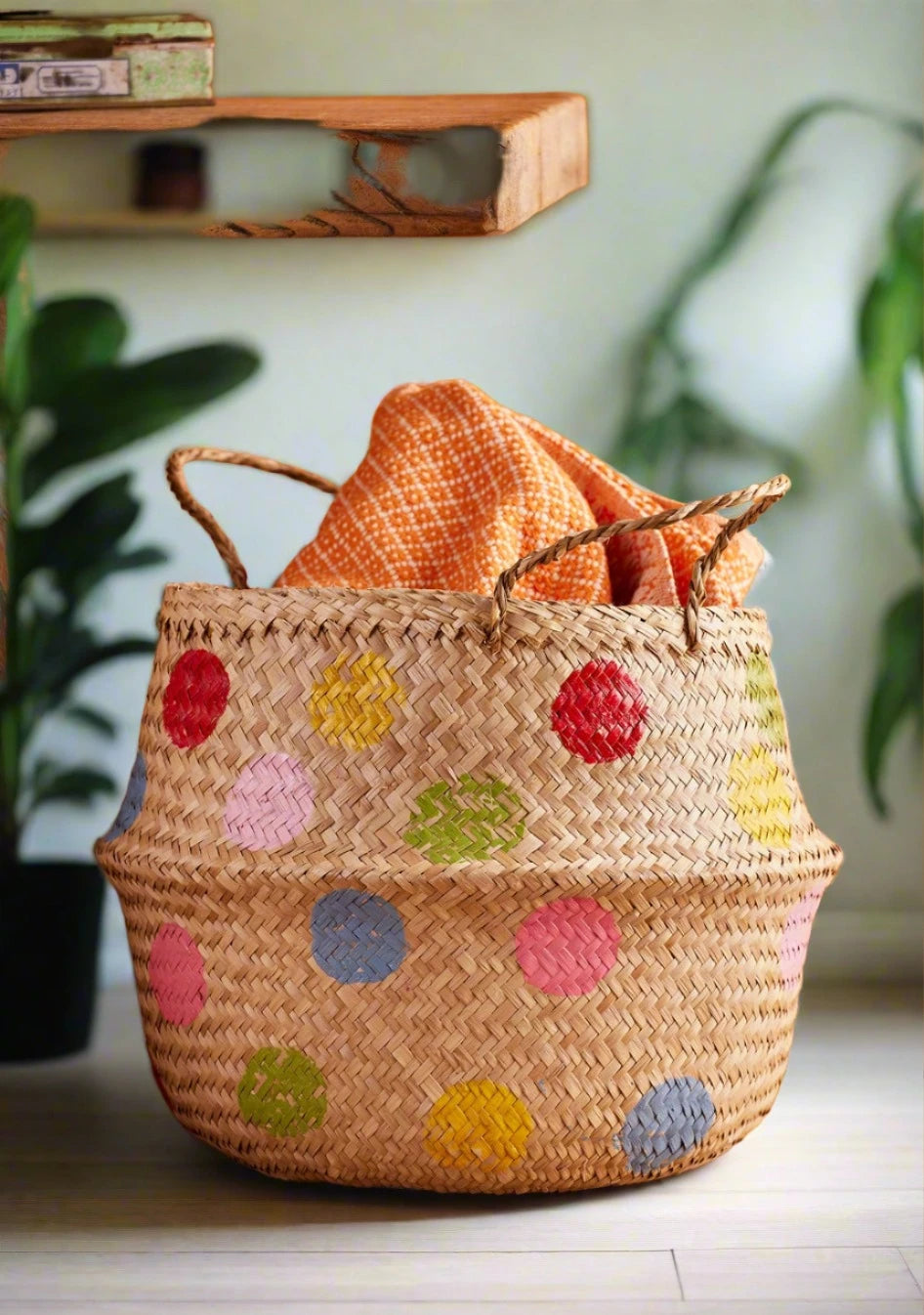 Rainbow Dot Seagrass Basket Large