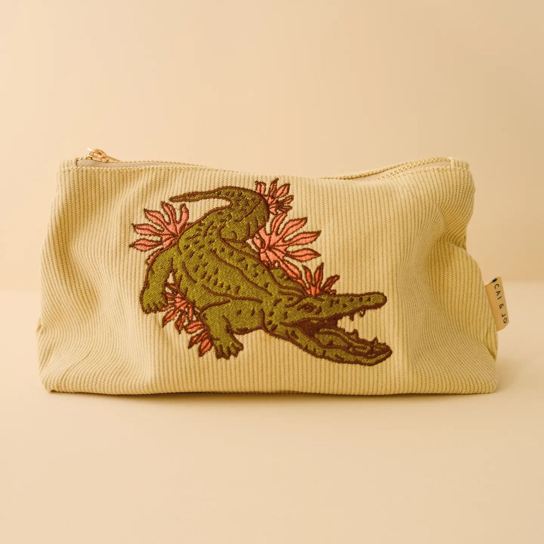 Pale Sage Corduroy Pouch with Embroidered Crocodile