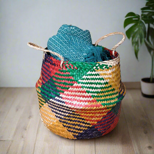 Rainbow Check Seagrass Basket Large