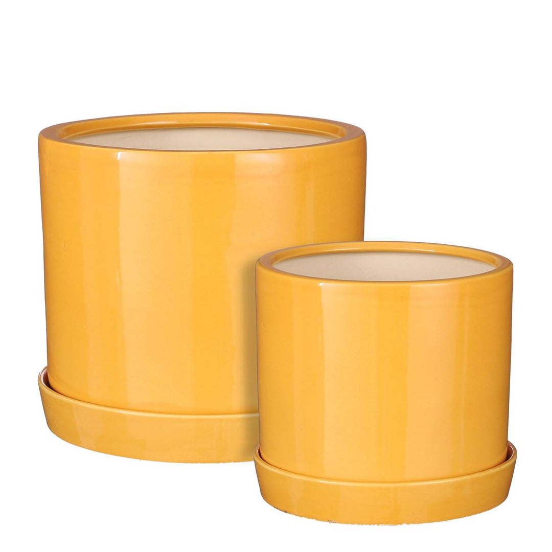 Milan Ochre Ceramic Plant Pot with Saucer – Two Sizes
