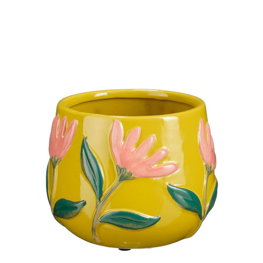 Ava Yellow Ceramic Plant Pot with Pink Floral Design – 16.5cm