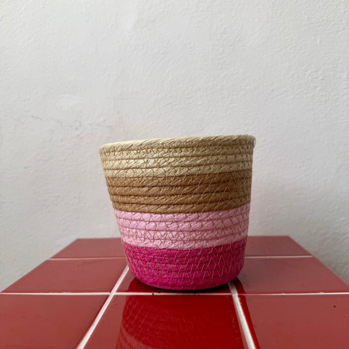 Cream & Pink Basket Pot - 14 cm