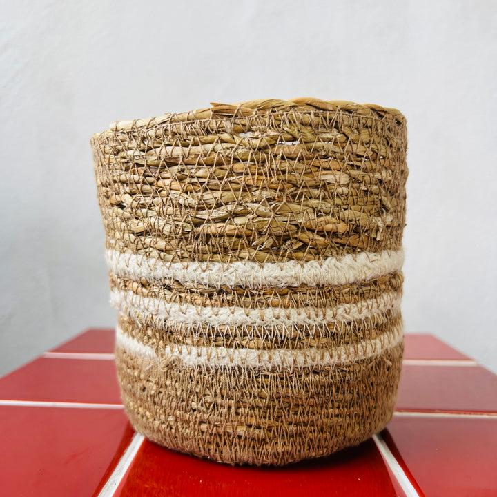 White Stripes Pien Pot D12.5 x H12cm – Natural Striped Basket Pot