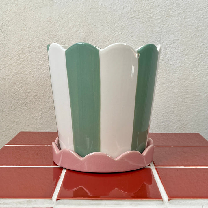 Scalloped Pot with Saucer – Pink, Green or Yellow | D13 × H14 cm