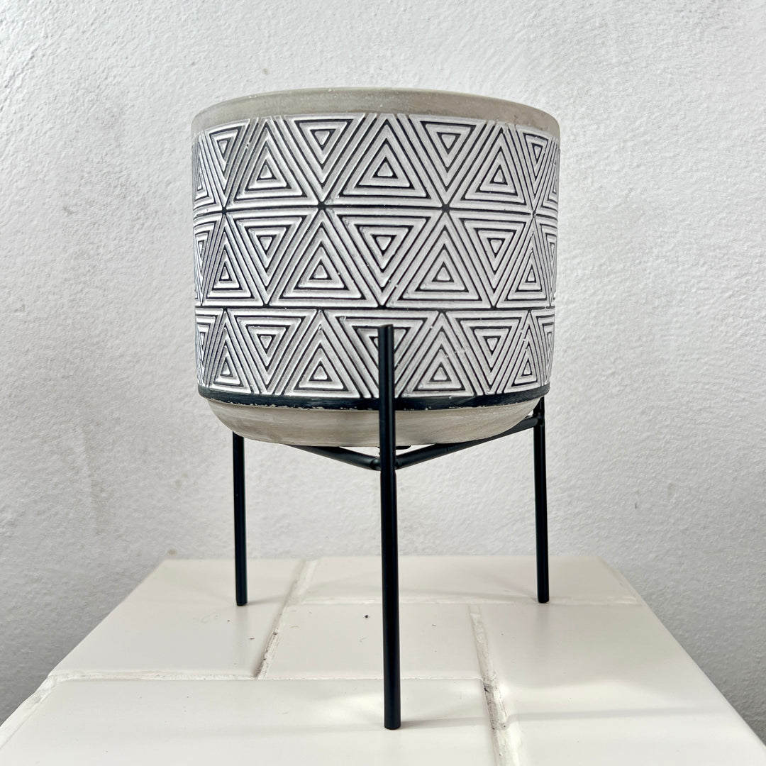 Black & White Geometric Ceramic Pot with Stand – 14 × 12cm (Pattern Variants)