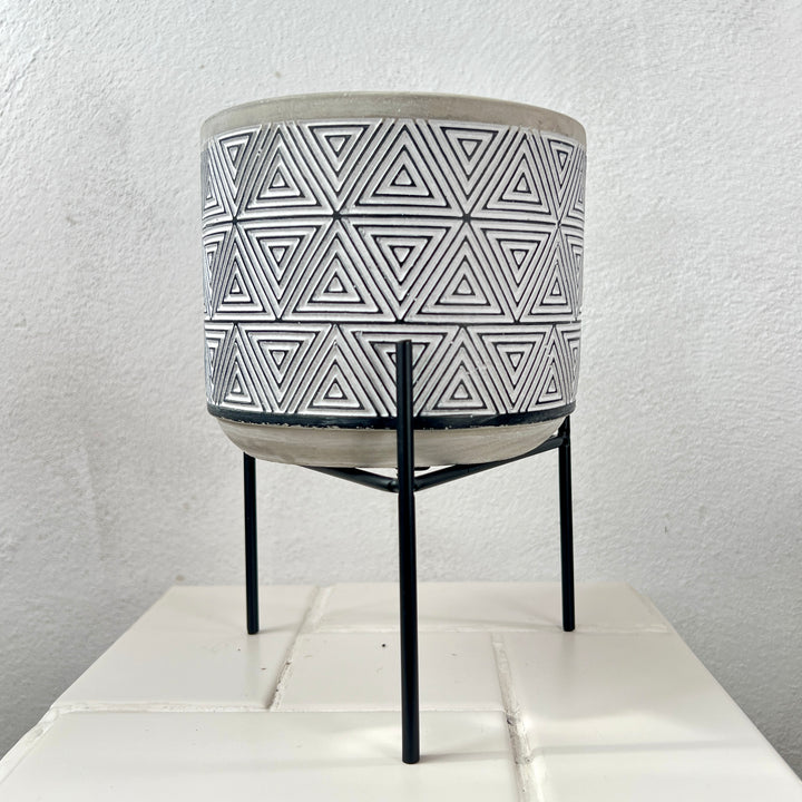 Black & White Geometric Ceramic Pot with Stand – 14 × 12cm (Pattern Variants)