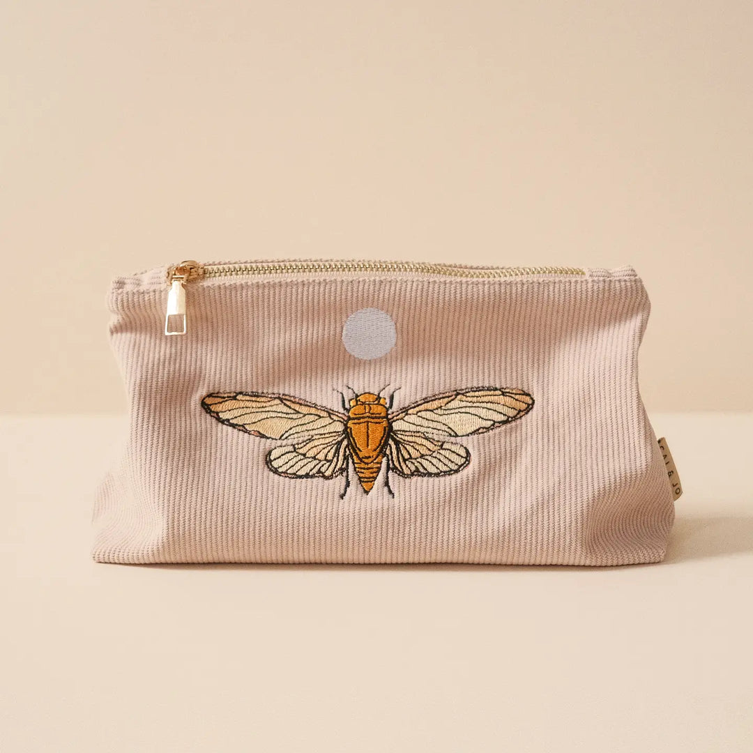 Pale Pink Corduroy Pouch with Embroidered Cicada