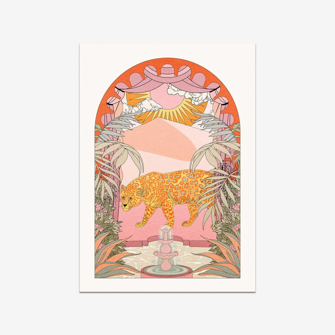 Jaguar Animal Retro Boho Style Botanical Sun Art Print