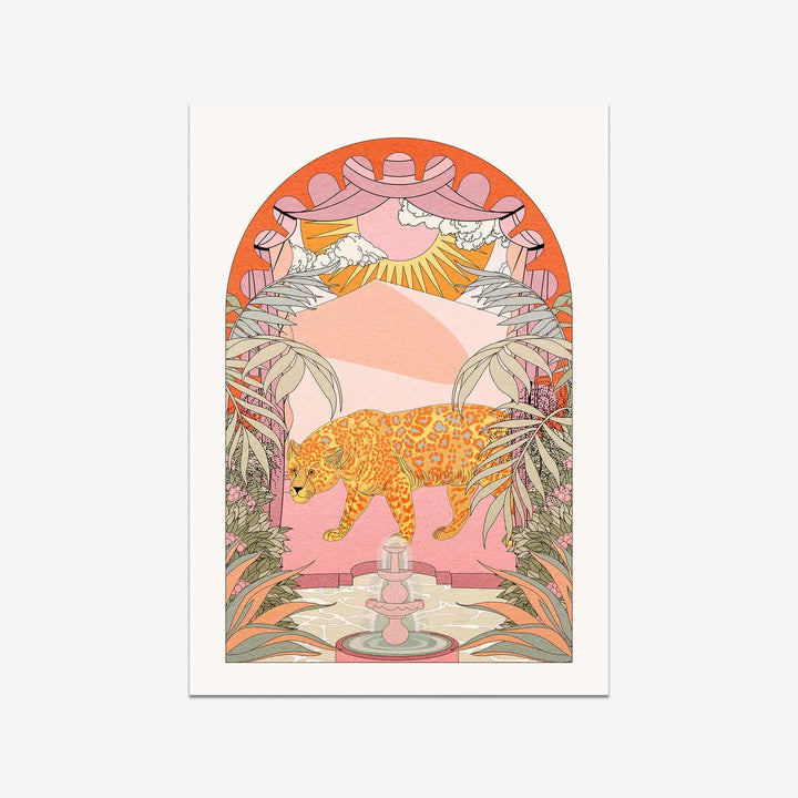 Jaguar Animal Retro Boho Style Botanical Sun Art Print