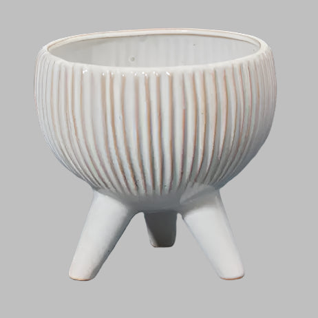 White Tripod Ridged Pot