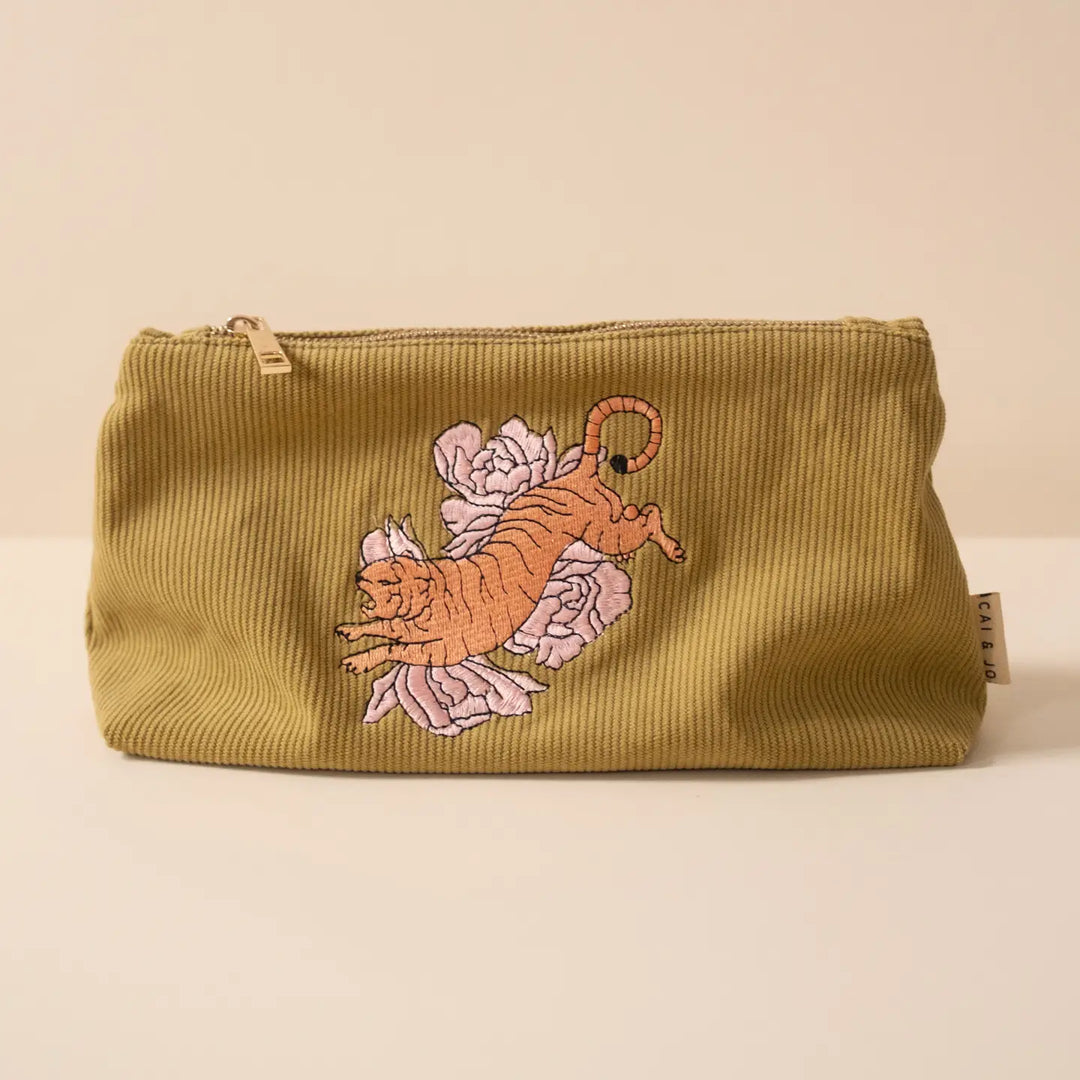 Olive Green Corduroy Pouch with Embroidered Tiger