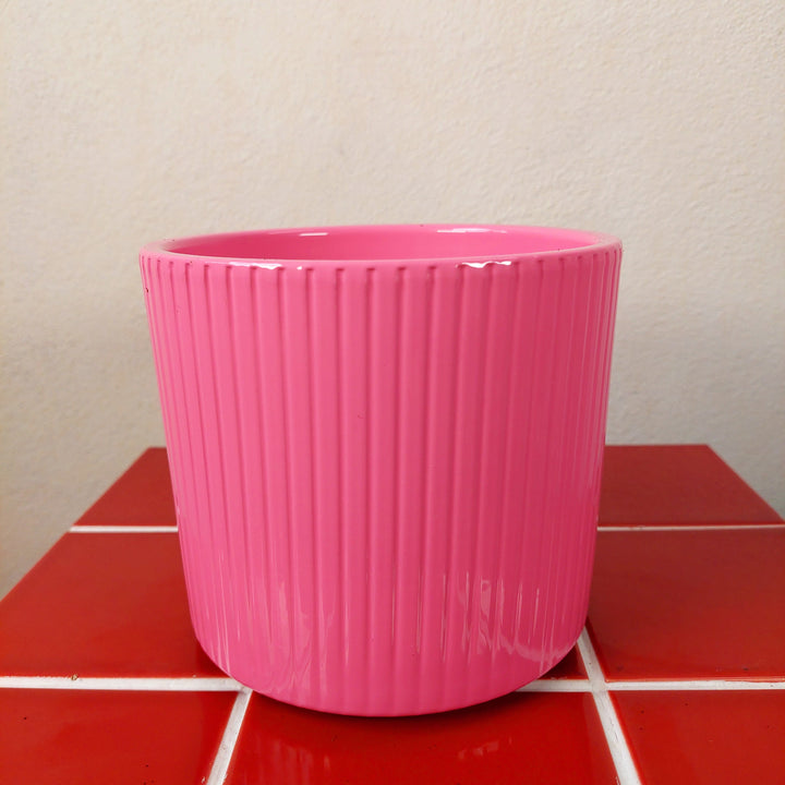 Era Ribbed Ceramic Pot – Pink / Lilac / Mustard | D13.5 × H12.5 cm