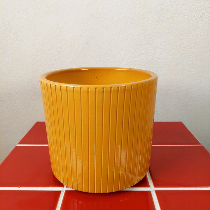 Era Ribbed Ceramic Pot – Pink / Lilac / Mustard | D13.5 × H12.5 cm